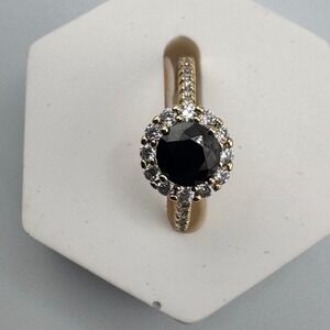 14K Gold Plated Black Stone Halo Ring Size 9 Round Pave Accent Band New